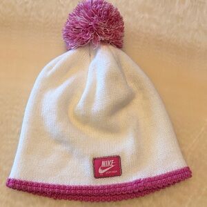 Nike White Beanie with Pink Pom and Trim - Kids